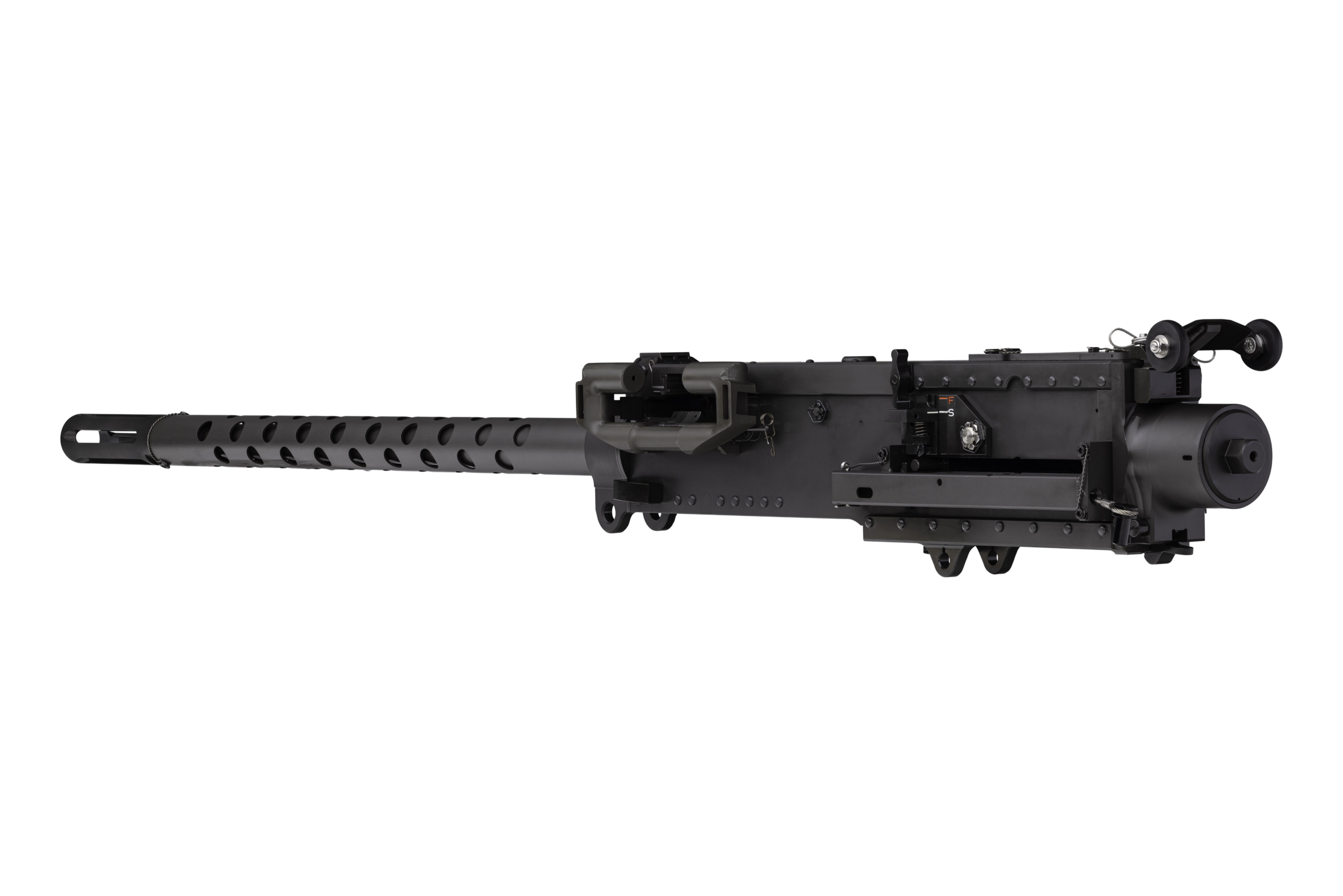 Rear angled view of the FN® M3M ENDURANCE heavy machine gun on a neutral studio background.