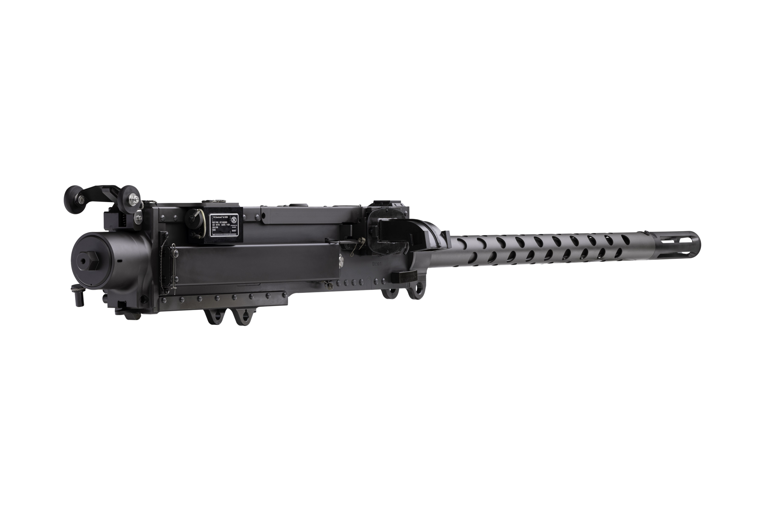 FN® M3M ENDURANCE .50 caliber heavy machine gun shown from a rear right angle on a studio background.