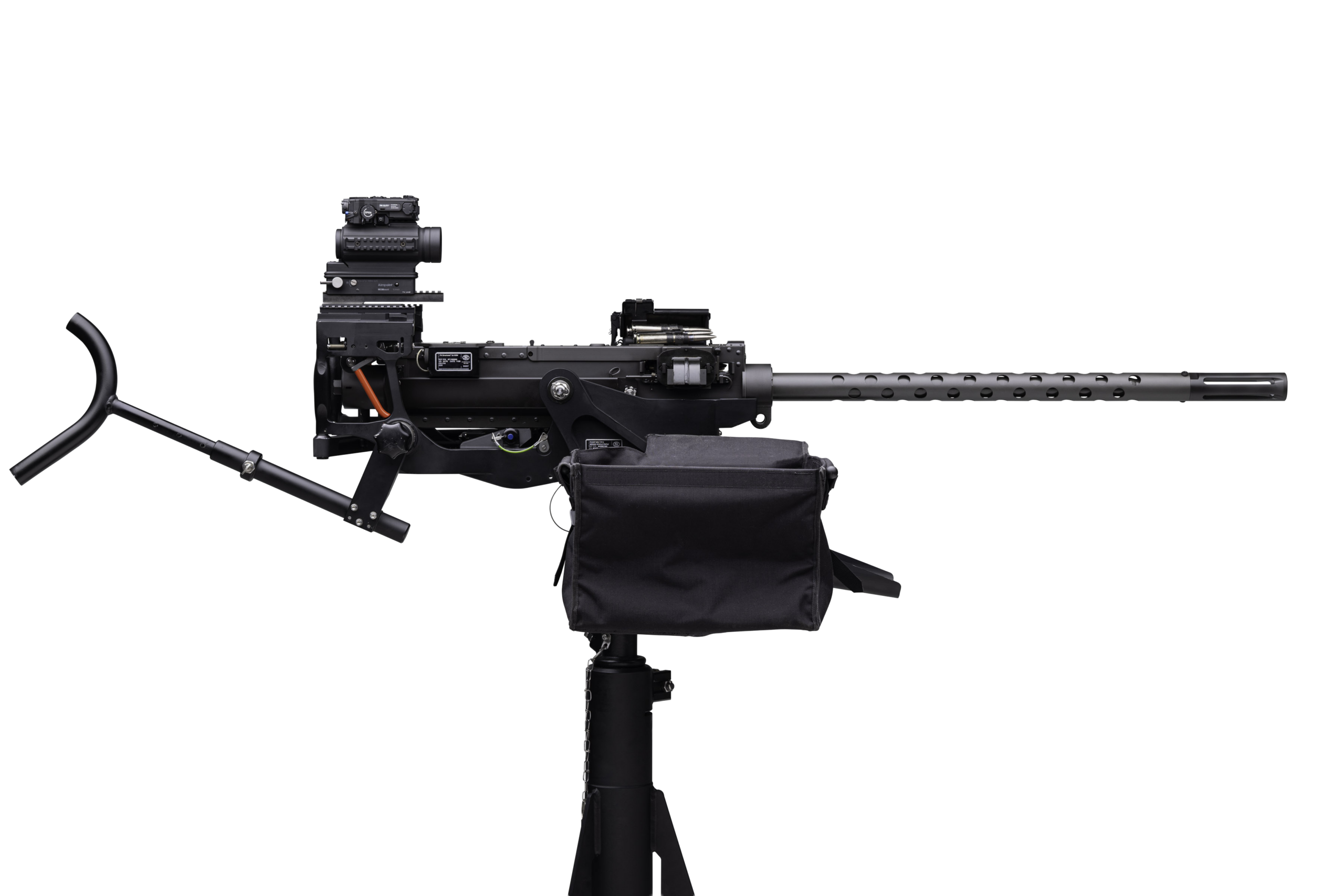 Front angled studio view of a mounted FN® M3M ENDURANCE heavy machine gun with optical sight.