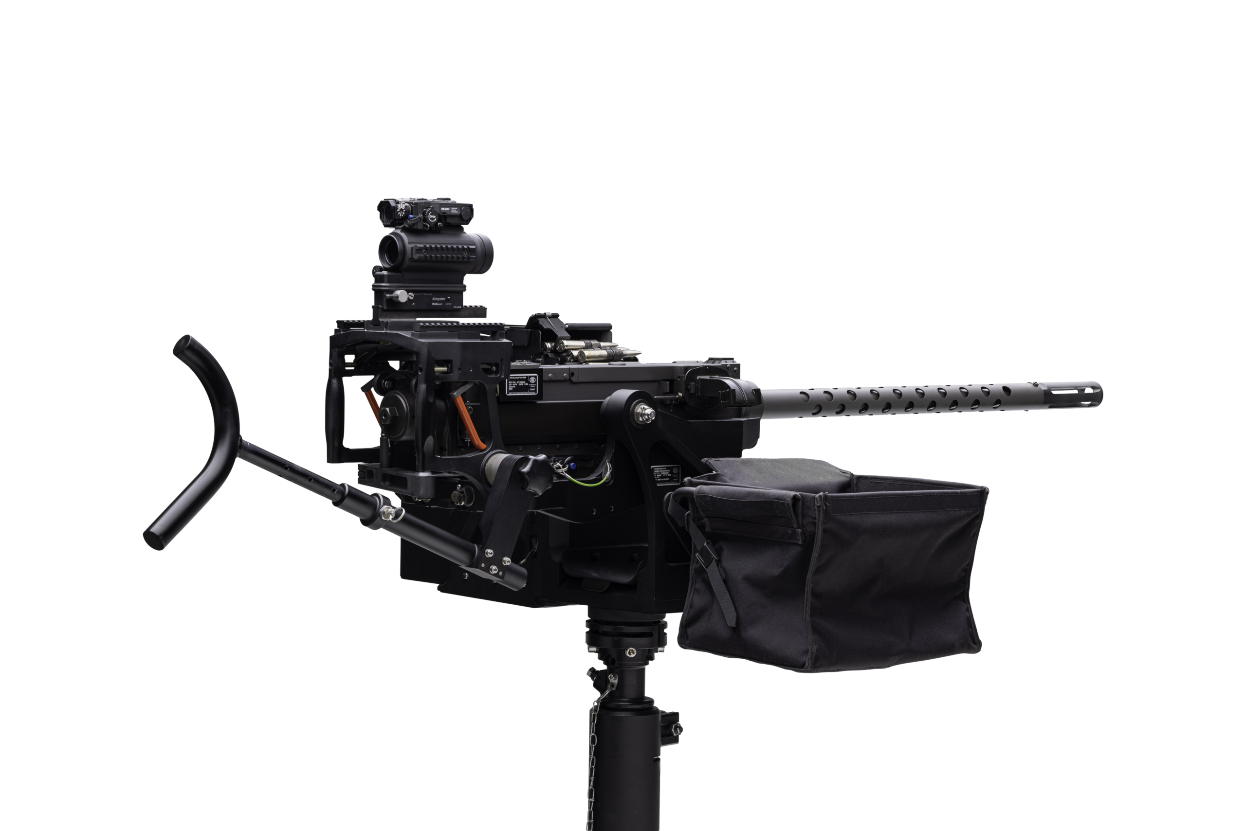 ear perspective view of the FN® M3M ENDURANCE mounted weapon system with ammunition feed components visible.